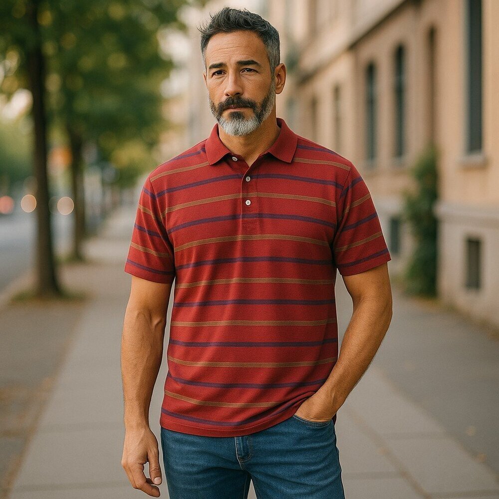 JEFF ROSE SZ L Italian made Mens Stripe 100% Cotton Knit Golf Short Sleeve Polo